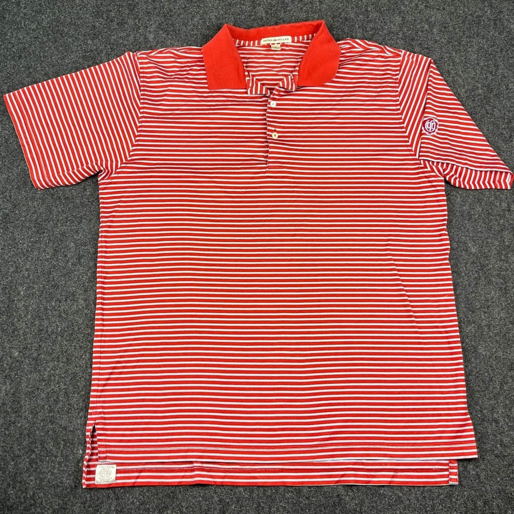 Peter Millar Mens Large Red White Striped Cotton Short Sleeve Polo Shirt Golf